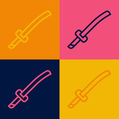 Pop art line Traditional Japanese katana icon isolated on color background. Japanese sword. Vector