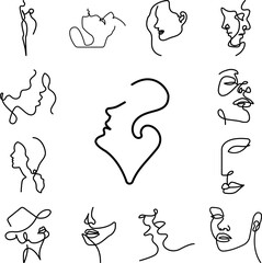 one line, face, woman icon in a collection with other items