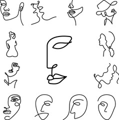 one line, face, woman icon in a collection with other items
