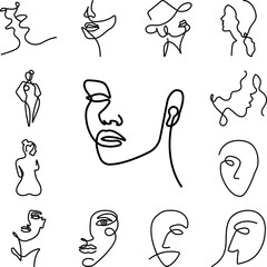 one line, face, woman icon in a collection with other items