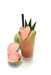 Pink guava ice tea on white background close up