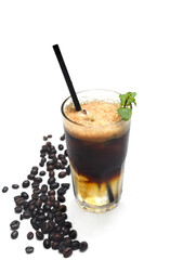 Ice lime espresso with mint and coffee beans on white background closeup