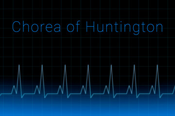Chorea of ​​Huntington disease. Chorea of ​​Huntington logo on a dark background. Heartbeat line as a symbol of human disease. Concept Medication for disease Chorea of ​​Huntington.
