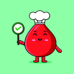 Cute cartoon blood drop chef character holding correct sign board in vector character illustration
