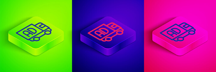 Isometric line Advertising on truck icon isolated on green, blue and pink background. Concept of marketing and promotion process. Responsive ads. Social media advertising. Square button. Vector