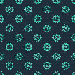 Green line Discount percent tag icon isolated seamless pattern on blue background. Shopping tag sign. Special offer sign. Discount coupons symbol. Vector