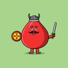 Cute cartoon character Blood drop viking pirate with hat and holding sword and shield