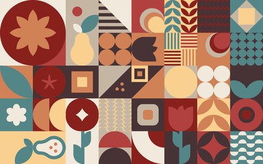 Geometryczna kompozycja - kolorowa mozaika z kształtami w kolorze brązowym, czerwonym, pomarańczowym, żółtym i zielonym. Powtarzający się wzór w stylu bauhaus do zastosowania jako tło do projektów. © Monika