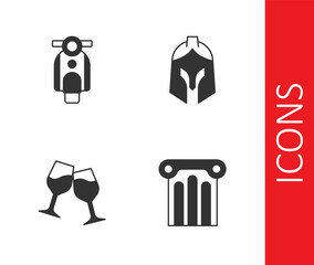 Set Ancient column, Scooter, Wine glass and Roman army helmet icon. Vector