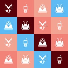 Set pop art Slingshot, Walkie talkie, Hunt place and Bulletproof vest icon. Vector