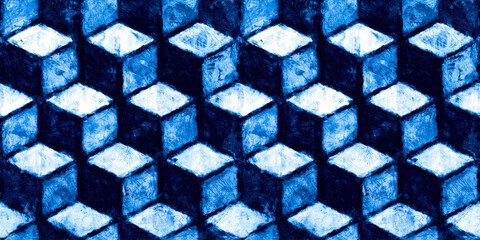 Seamless painted blue square isometric cube background pattern. Tileable artistic indigo and white hand drawn nautical boy theme acrylic texture surface design. Fabric or wallpaper 3D Rendering..