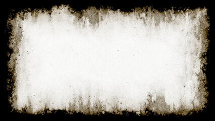 Grunge empty burnt edges background frame with vignette border. Dirty distressed sepia toned vintage 8k 16:9 weathered old paper texture with copy space. Retro overlay template backdrop 3D rendering.