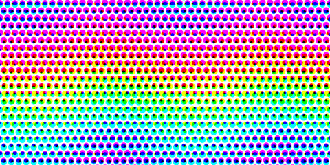 Seamless CMYK halftone abstract gradient background pattern. Tileable colorful cyan, magenta, yellow and black pop art polka dot circle texture. Retro print making creative concept backdrop.. © Unleashed Design