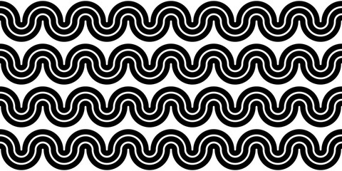 Seamless retro sea wave pattern in black and white monochrome greyscale. Tileable horizontal wavy stripe surface design motif background texture for fabric, fashion or wallpaper. 3D Rendering..