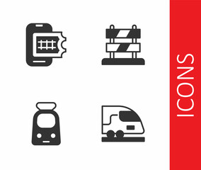 Set High-speed train, Online ticket booking, Train and railway and End of tracks icon. Vector