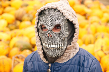 Defocus Halloween people portrait. Person in grim reaper mask standing on yellow pumpkin...