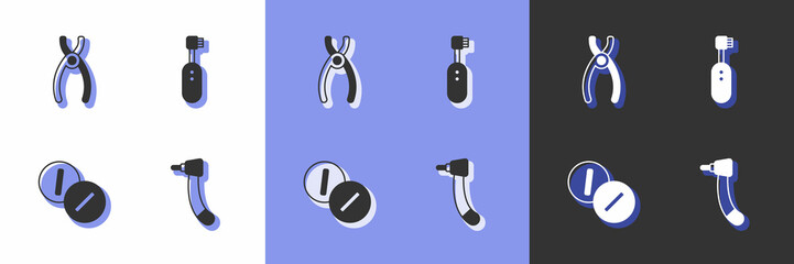 Set Tooth drill, Dental pliers, Toothache painkiller tablet and Electric toothbrush icon. Vector