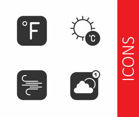 Fototapeta premium Set Weather forecast app, Fahrenheit, Wind and Sun icon. Vector