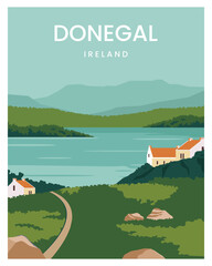 Donegal poster illustration, travel to ireland. vector illustration with minimalist style for poster, postcard, art print.