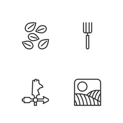 Set line Agriculture wheat field farm, Rooster weather vane, Seeds of specific plant and Garden pitchfork icon. Vector