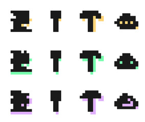 Set line Pickaxe, Sprout, Garden pitchfork and Cloudy weather icon. Vector