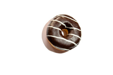 chocolate donut with white stripes on a white background close-up