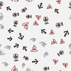 Set line Anchor, Location with anchor, Marine bollard rope and Yacht sailboat on seamless pattern. Vector