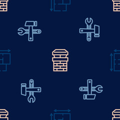 Set line House plan, Hammer and wrench spanner and Chimney on seamless pattern. Vector