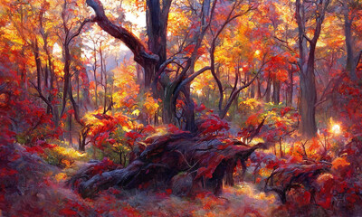 Naklejka na ściany i meble Oil painting of a beautiful vibrant autumn forest in the morning