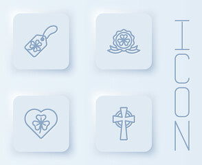 Set line Clover trefoil leaf with tag, Medal clover, Heart and Celtic cross. White square button. Vector