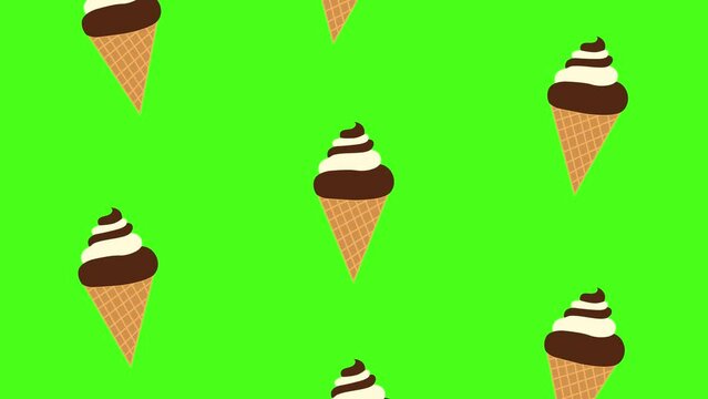 Ice cream falling from the sky with green screen background. Seamless video, ice cream animation. Abstract animation of animated ice cream falling on the screen