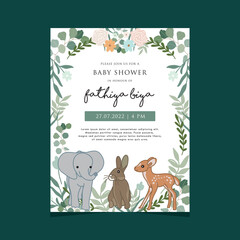 template design of baby shower invitation with cute animal illustration