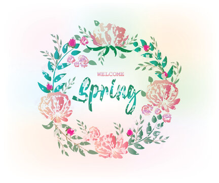 Spring welcome in a wreath frame silhouette of pink roses with leaves grunge text watercolor icon vector image design banner template