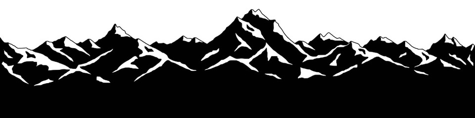 Snow covered mountain peaks, mountain range panoramic view, black and white landscape