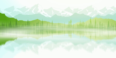Fototapeta premium Picturesque reflection in a mountain lake, snow-capped peaks and greenery of forests, summer travel
