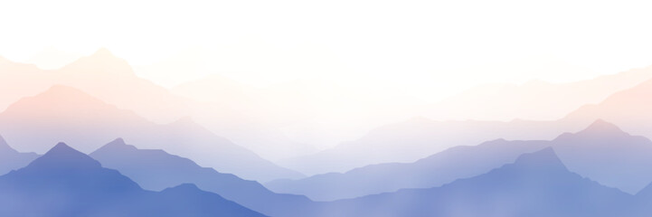 Fototapeta premium Sunrise in the mountains, mountain ranges in the morning haze, panoramic view, vector illustration