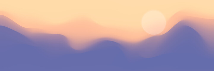 Mountain panoramic view, abstract stylization, sunset light and sun, vector illustration