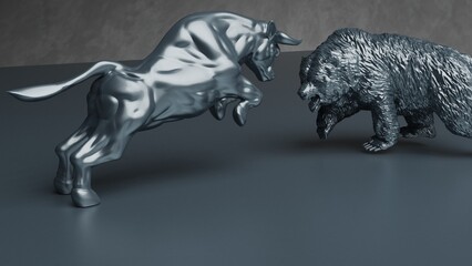 Silver painted bull and bear sculpture staring at each other in dramatic contrasting light representing financial market trends under blue-black background. Concept images of stock market. 3D CG.