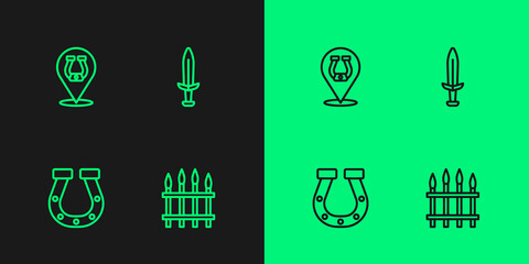 Set line Classic iron fence, Horseshoe, and Medieval sword icon. Vector