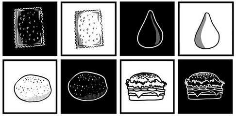 Brazilian foods drawings set. Collection of foods of Brazil with brazilian pastry, coxinha, brazilian cheese bread, sandwich. - obrazy, fototapety, plakaty