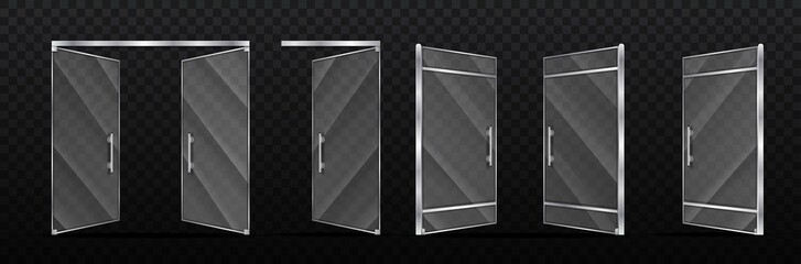 Glass open doors. Collection of office decoration elements, set of shop window. Boutique interior or exterior, modern architecture. Realistic isometric illustrations isolated on transparent background