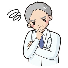 考え事をしている白衣を着たシニア男性のイラスト（聴診器付き）