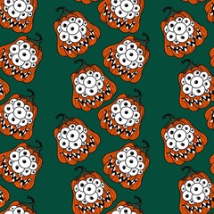 Halloween seamless monster pumpkins with eyes pattern for wrapping paper and fabrics and accessories and kids