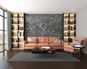 Modern luxury living room with leather sofa set, black marble wall and bookshelf. 3d rendering