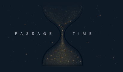 Passage of time. Shiny hourglass, mysticism and esotericism. Clarity and responsibility. Stylish wallpaper for computer or phone. Poster or banner for website. Realistic elegant vector illustration - obrazy, fototapety, plakaty