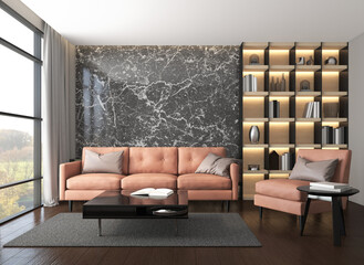 Modern luxury living room with leather sofa set, black marble wall and bookshelf. 3d rendering