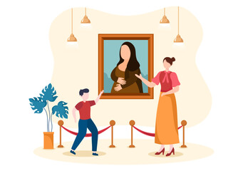 Art Gallery Museum Cartoon Illustration with Exhibition, Culture, Sculpture, Painting and Some People to See it in Flat Style Design