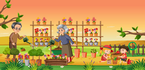 Fototapeta na wymiar Elderly coupple with their grandchildren gardening
