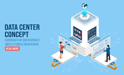 3D isometric data center concept with digital service, application with data transmission, Network computing technologies, Hosting Server Database.  Vector illustration eps10