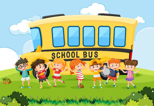Happy students and school bus background